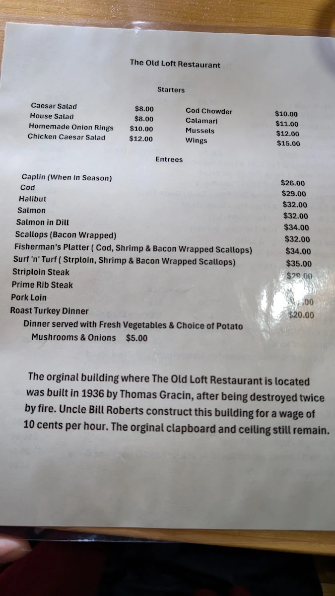 Menu, The Old Loft Restaurant