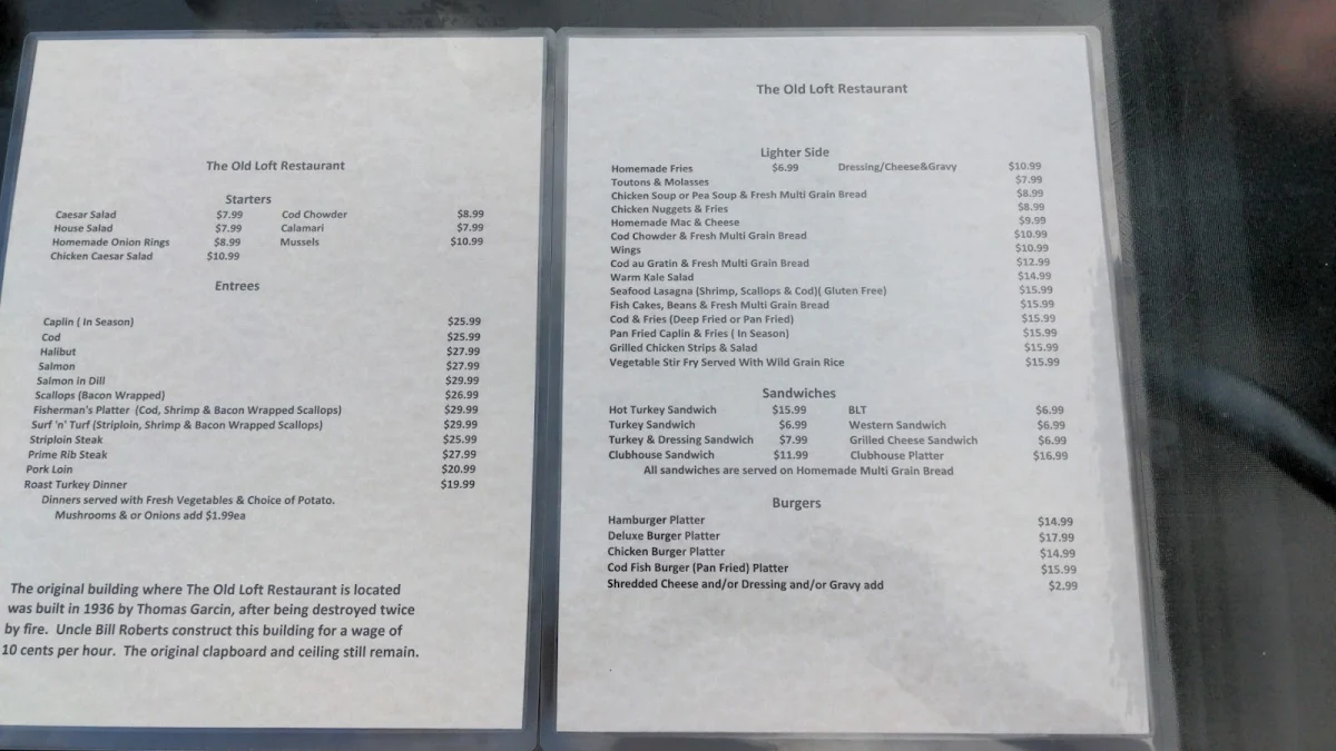 Menu, The Old Loft Restaurant