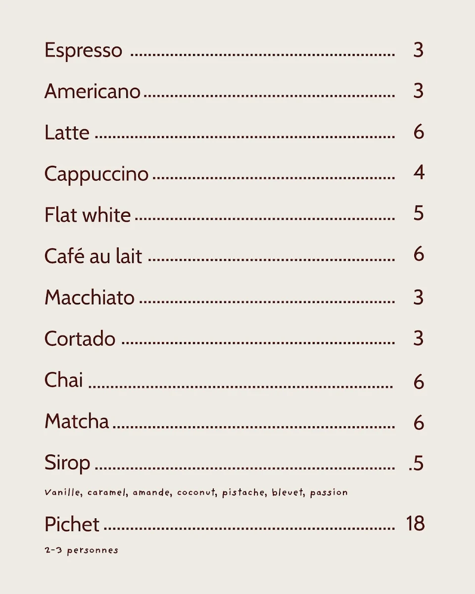 Menu, Café BRUT