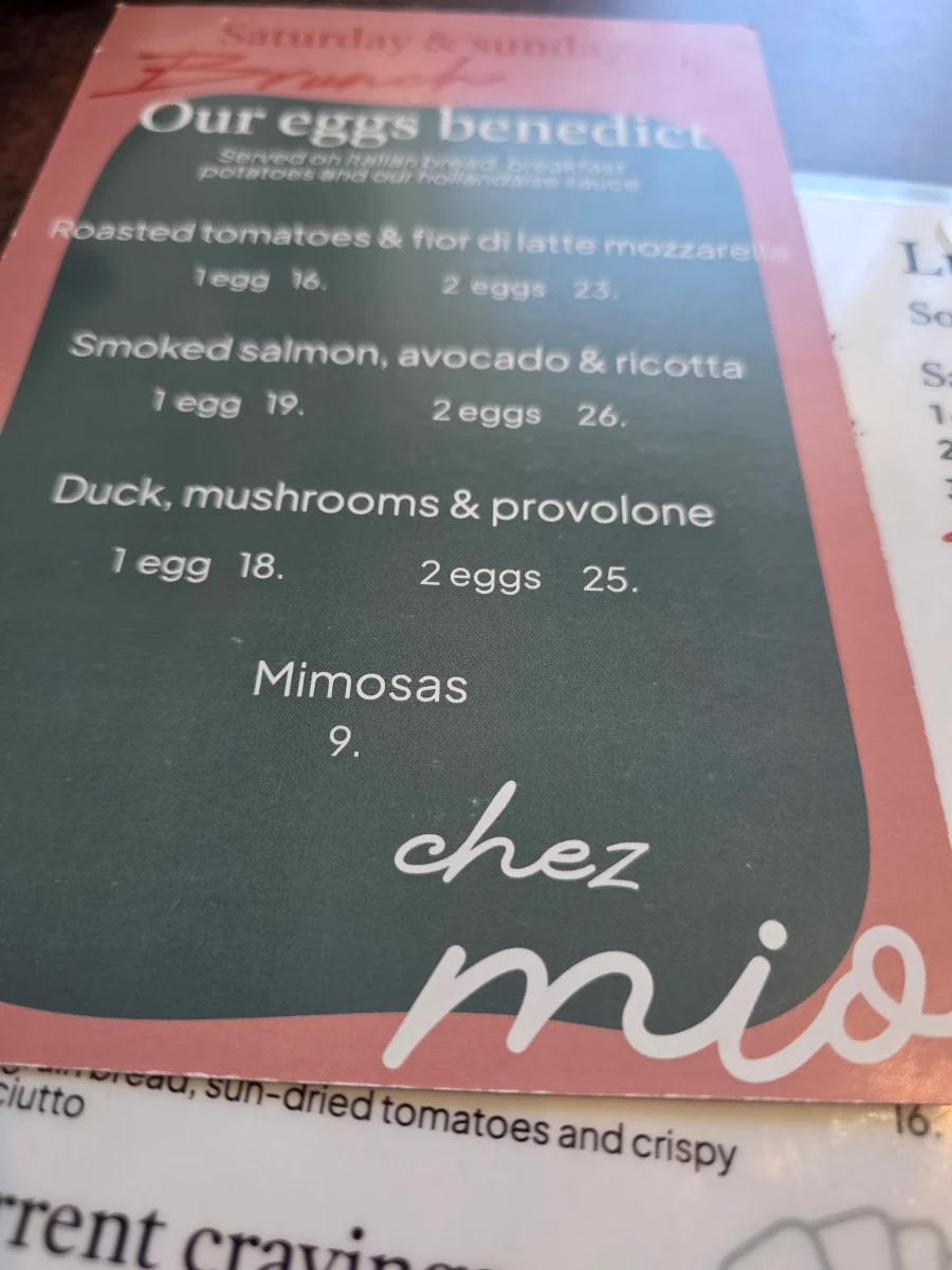 Menu, Chez Mio Café-Bistro