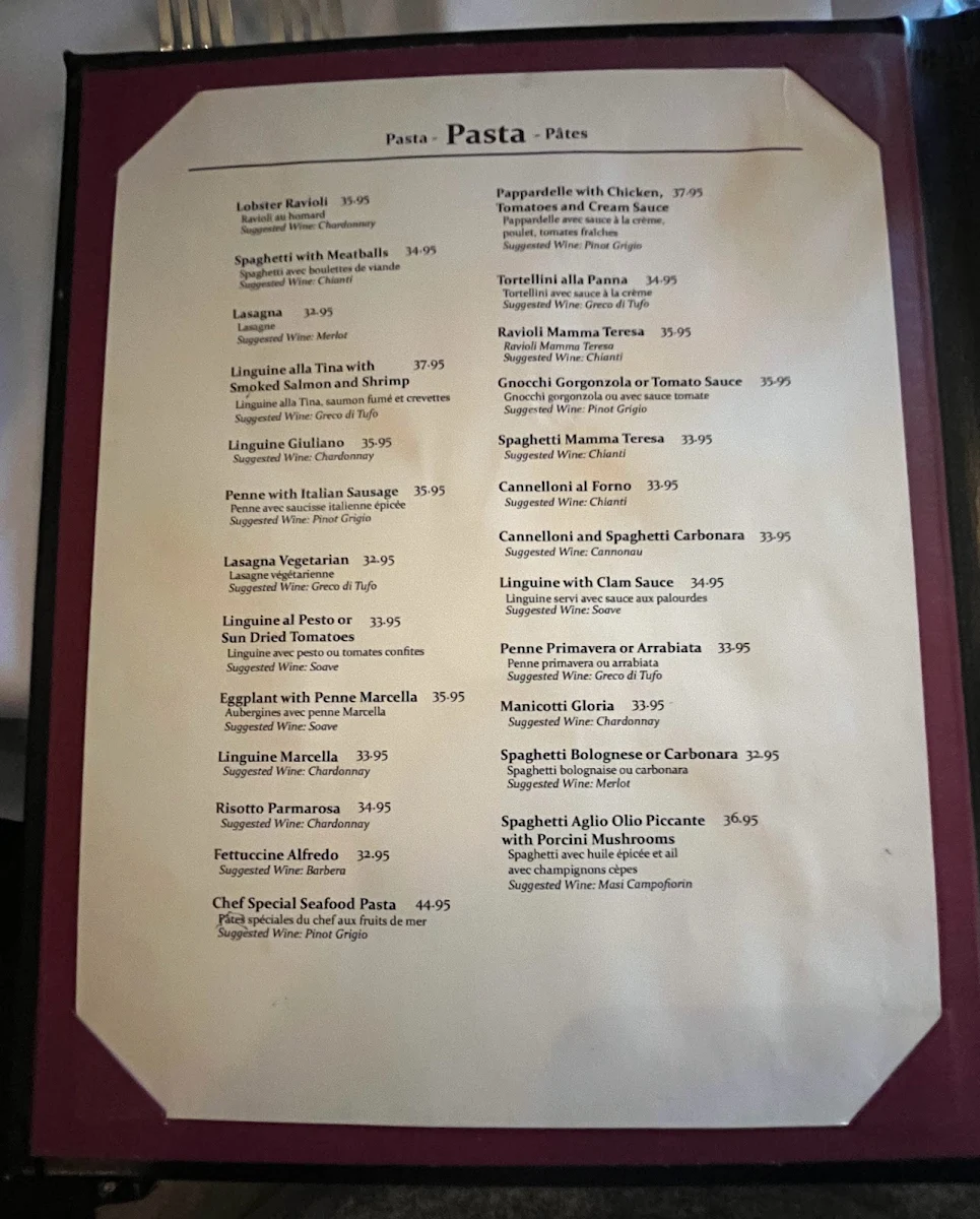 Menu, Mamma Teresa Ristorante