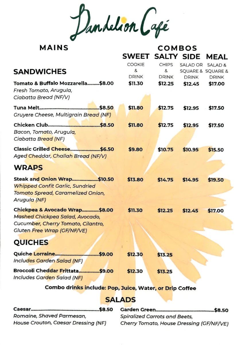 Menu, Dandelion Café