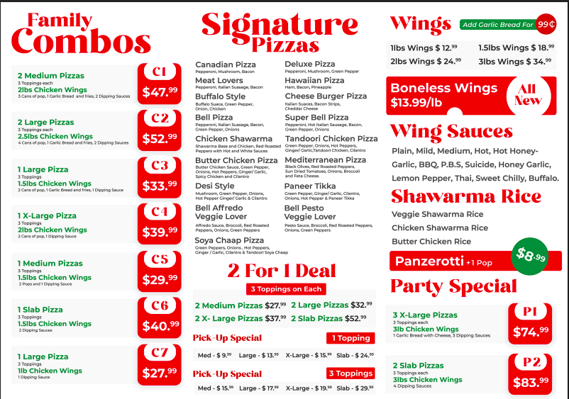 Menu, Pizza Bell & Wings