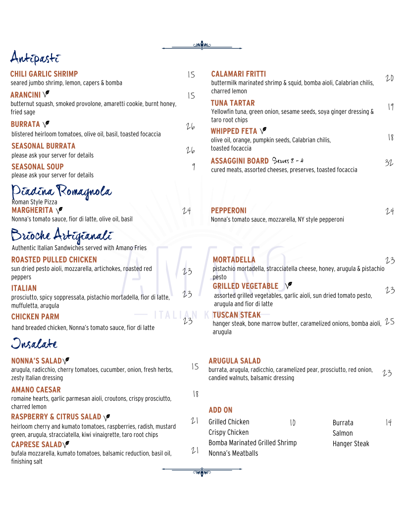 Menu, Amano Italian Kitchen