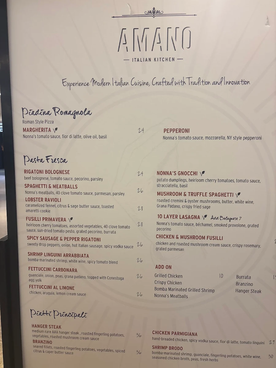 Menu, Amano Italian Kitchen