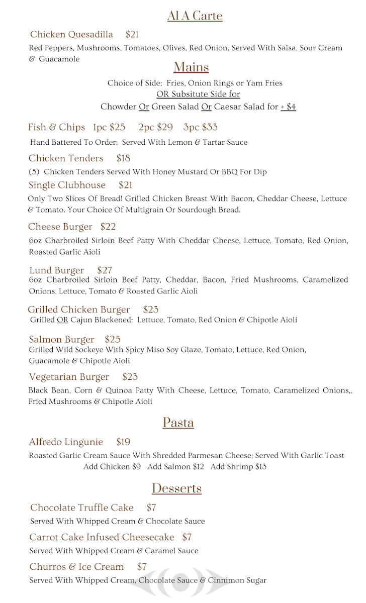 Menu, The 101 Bar & Grill