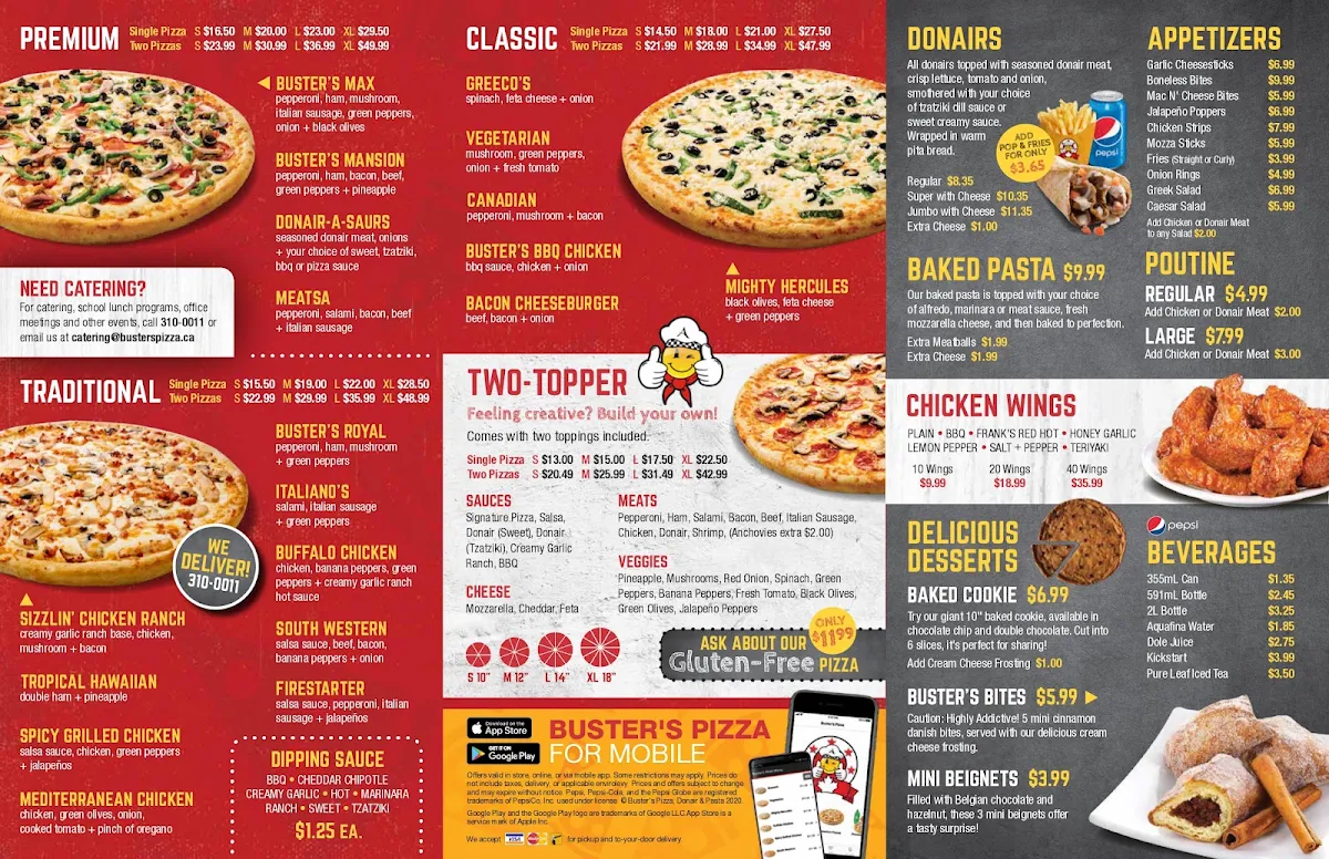 Menu, Buster's Pizza & Donair