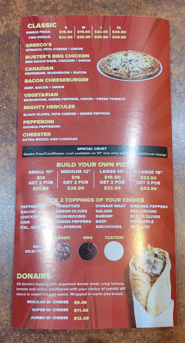 Menu, Buster's Pizza & Donair