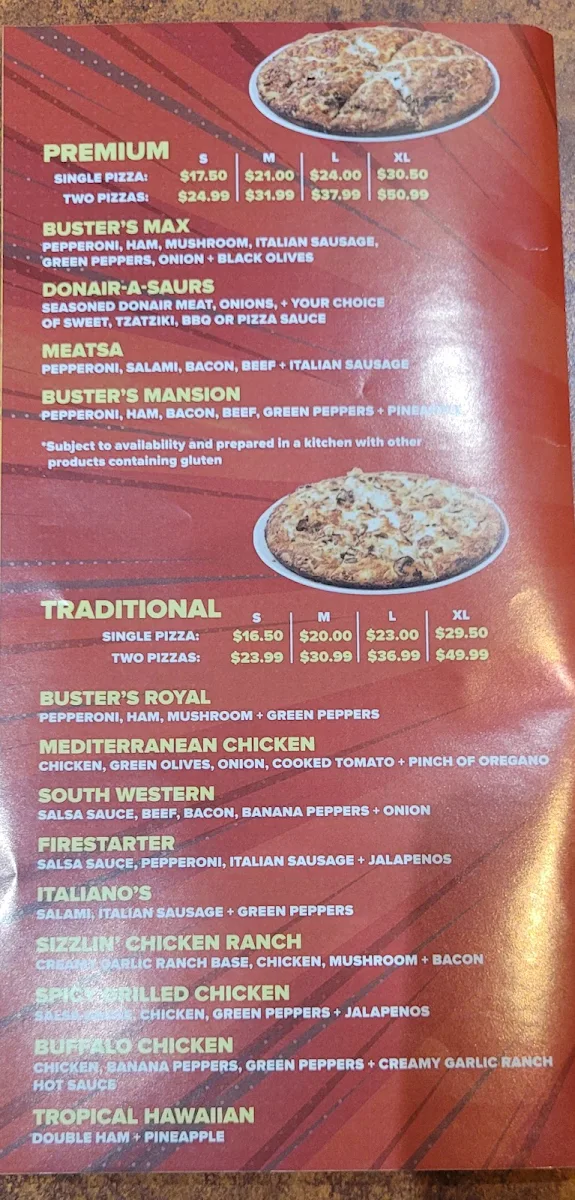 Menu, Buster's Pizza & Donair