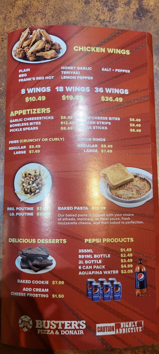 Menu, Buster's Pizza & Donair