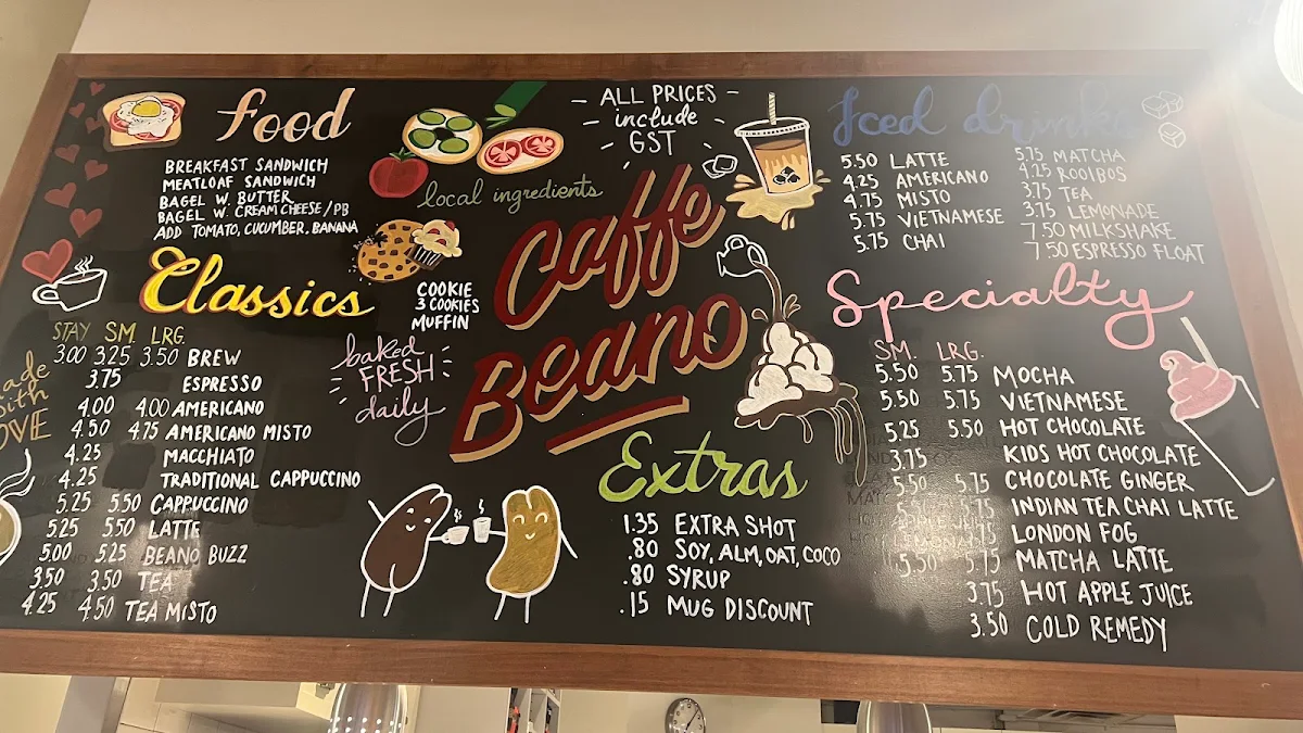 Menu, Caffe Beano