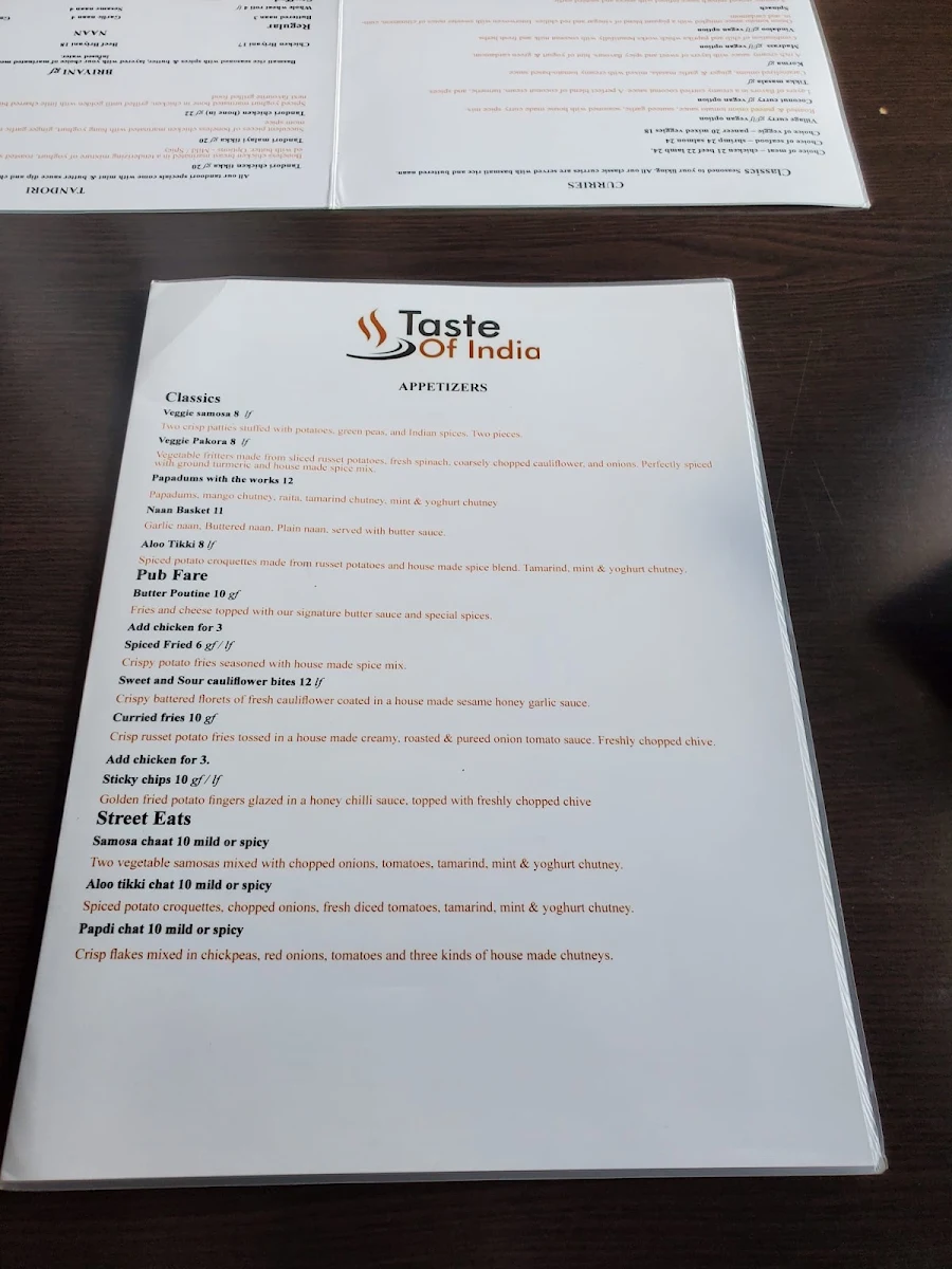 Menu, Taste of India