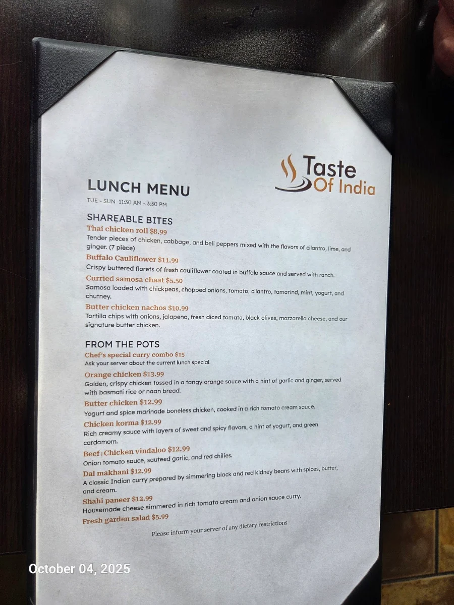 Menu, Taste of India
