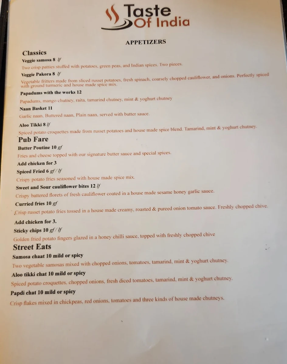 Menu, Taste of India