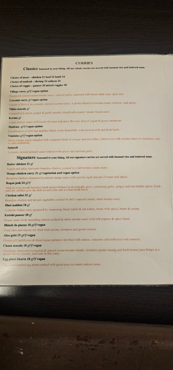 Menu, Taste of India