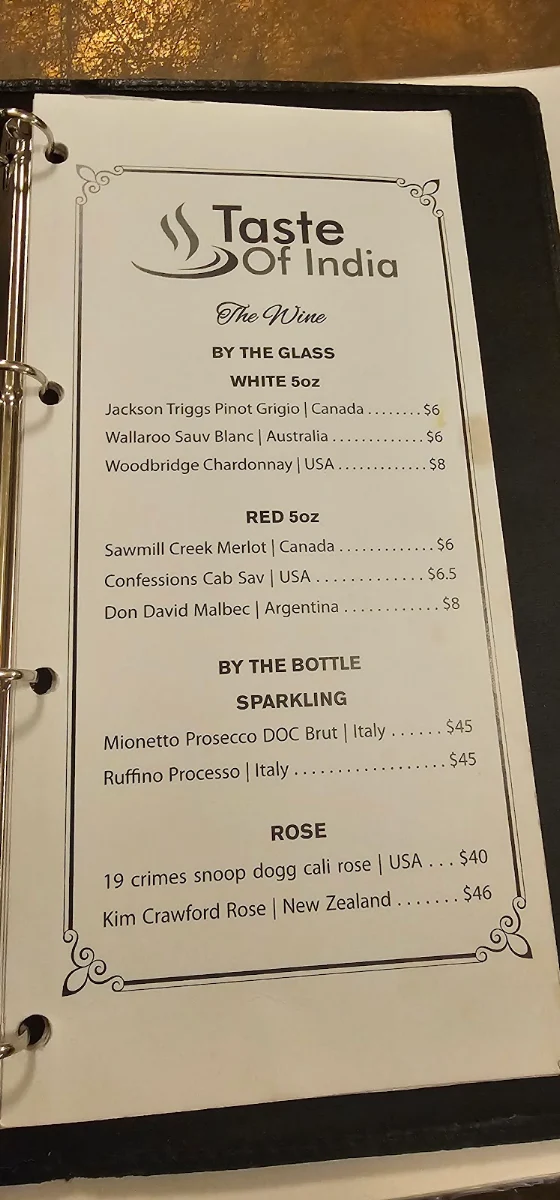 Menu, Taste of India