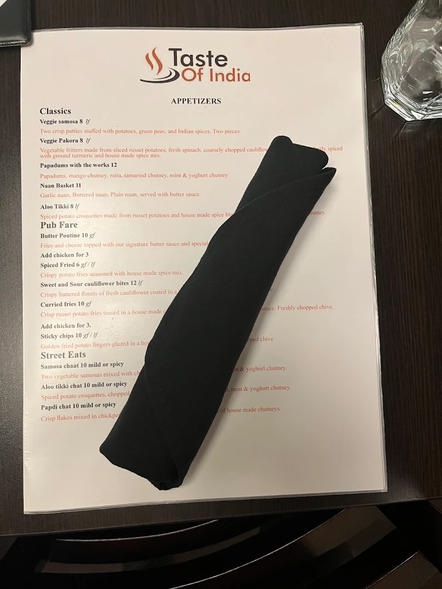 Menu, Taste of India