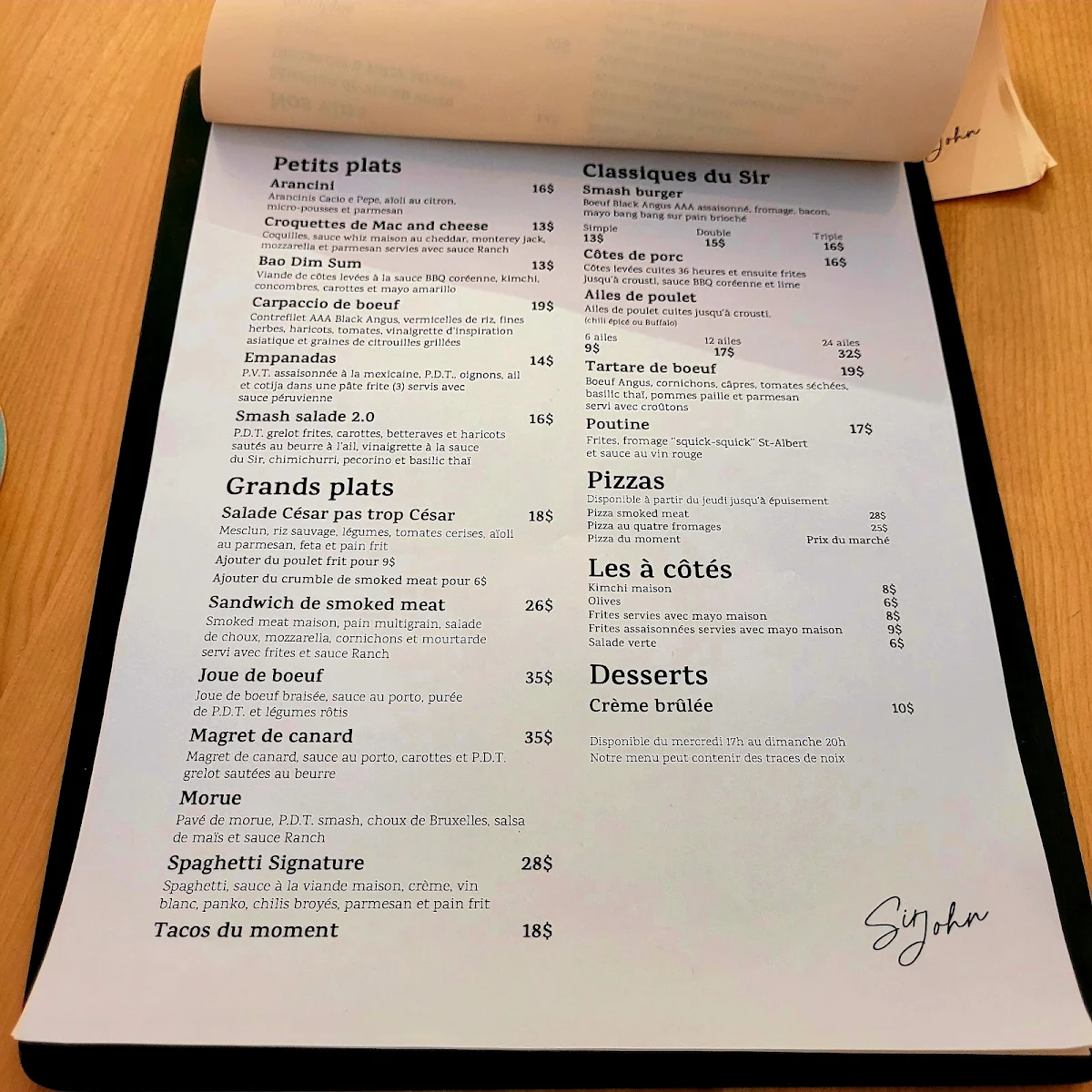 Menu, Sir John Brewing co.