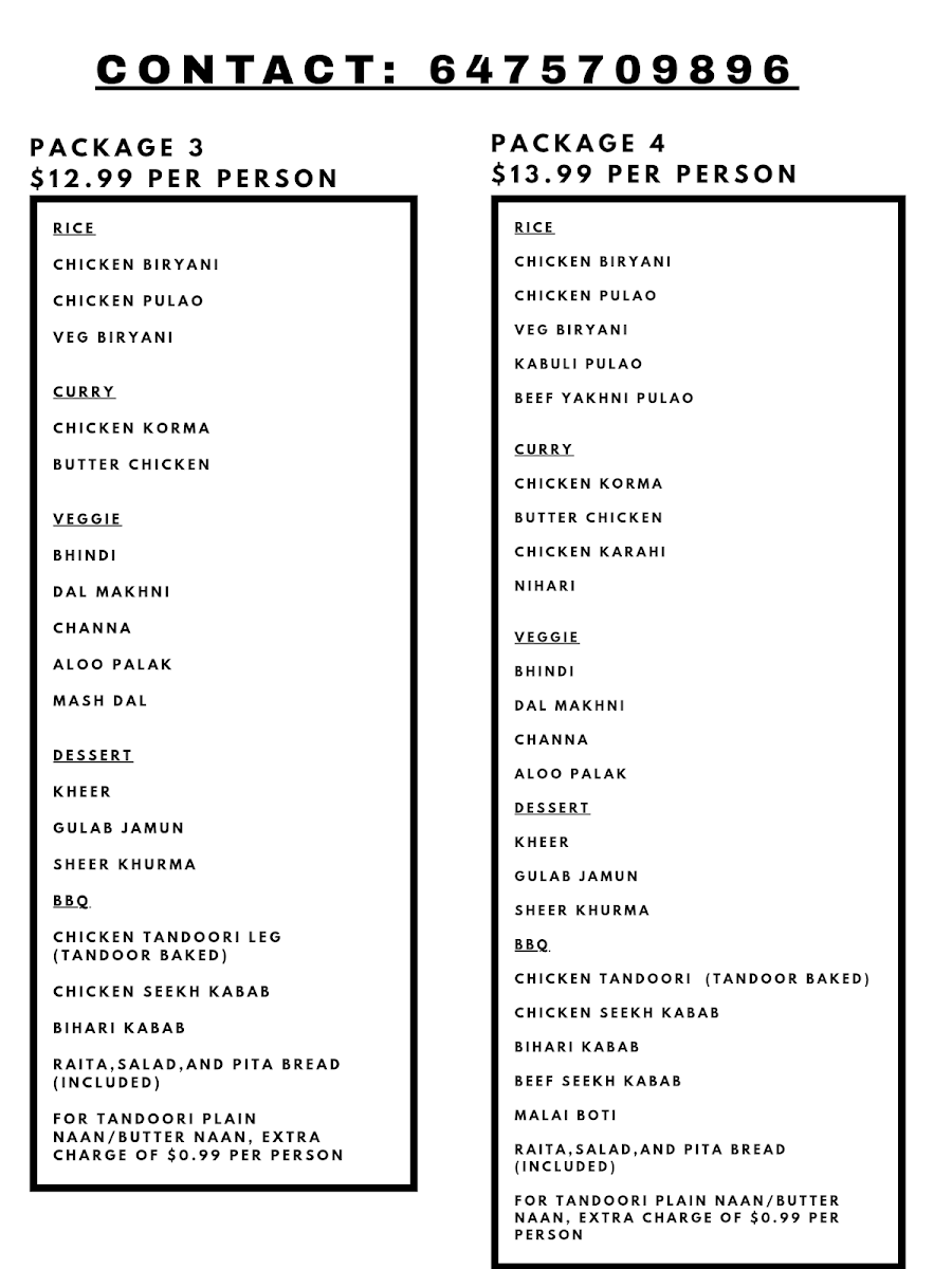 Menu, Mazadar Foods