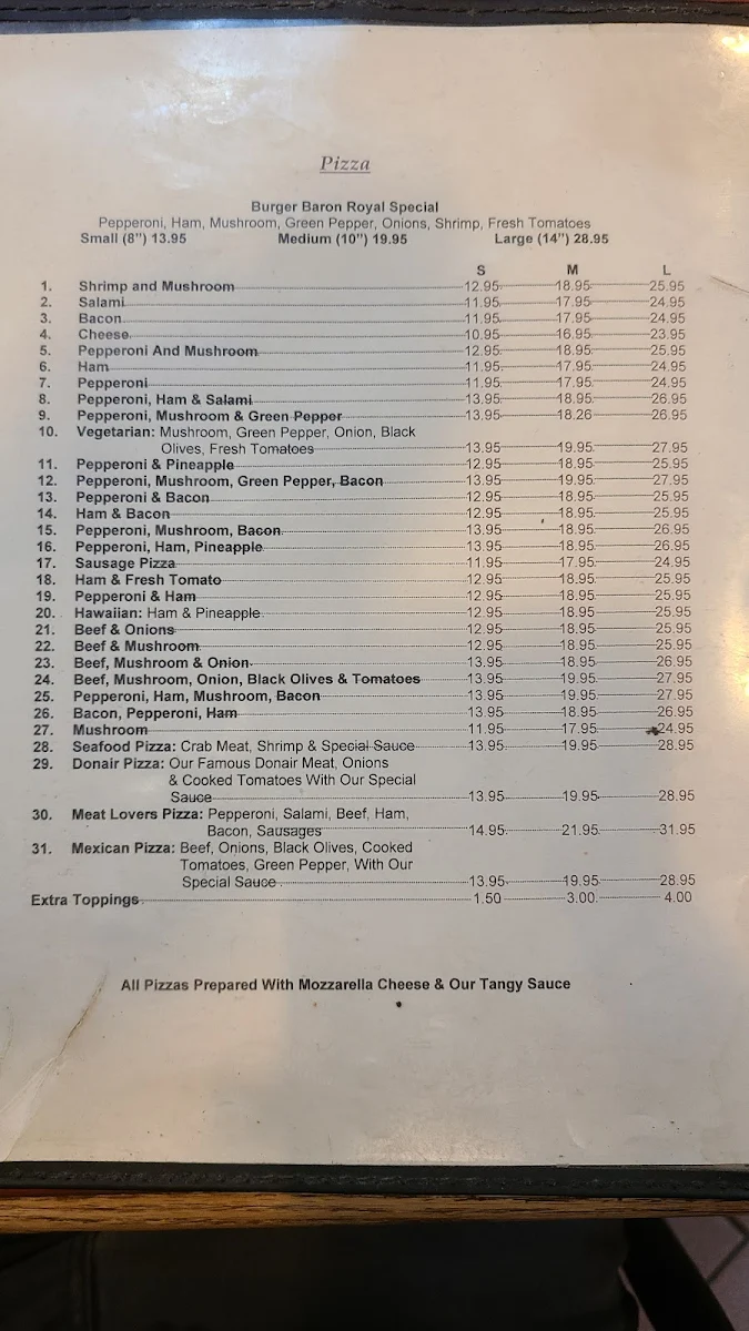 Menu, Burger Baron