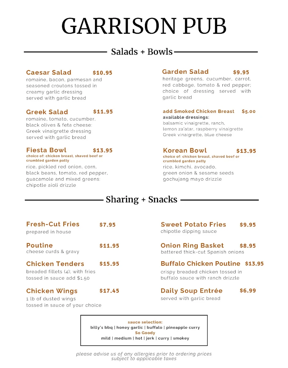 Menu, Garrison Pub