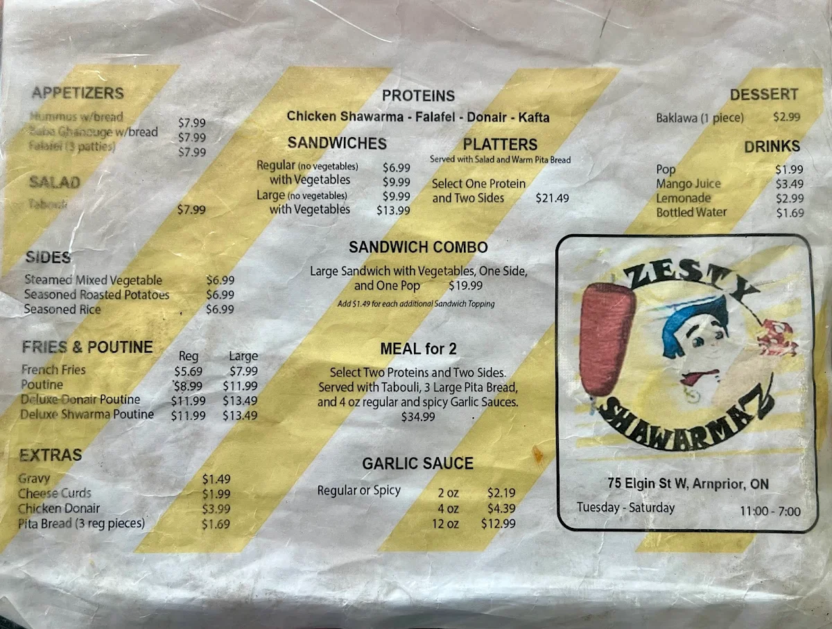 Menu, Zesty Shawarma'z