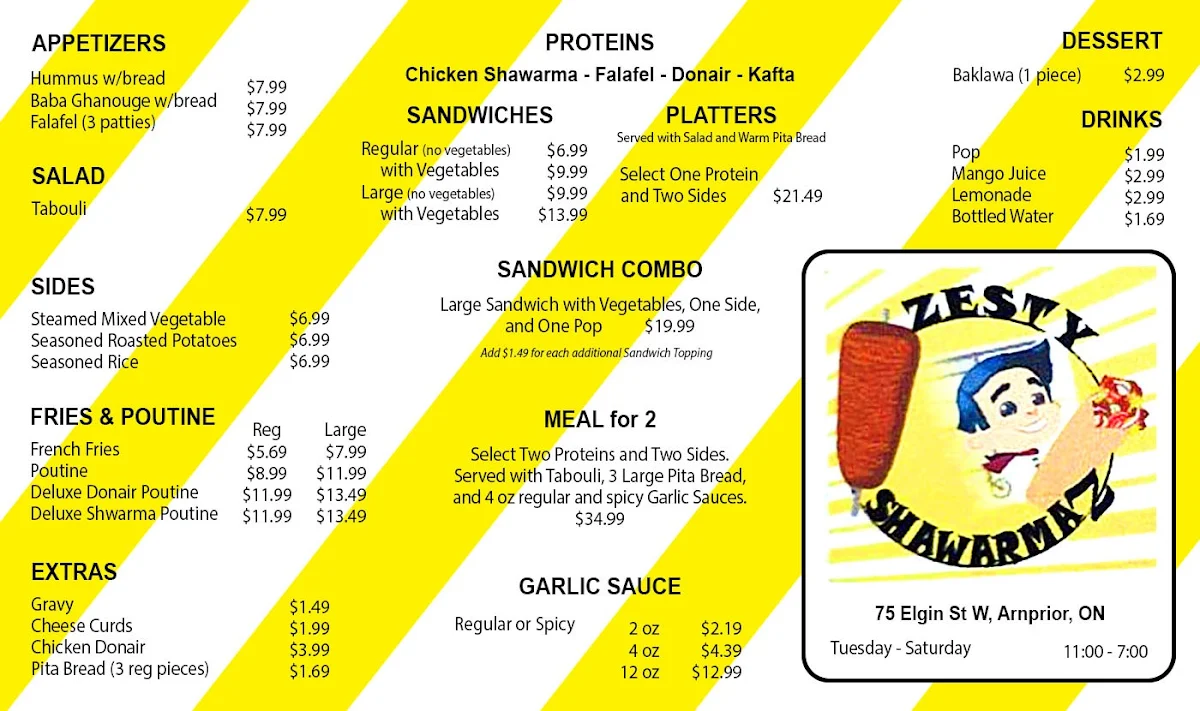 Menu, Zesty Shawarma'z