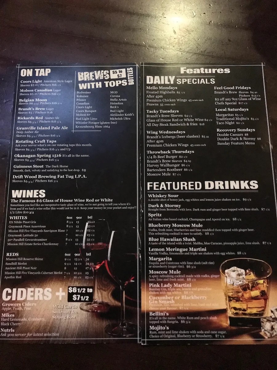 Menu, Brandt's Creek Pub