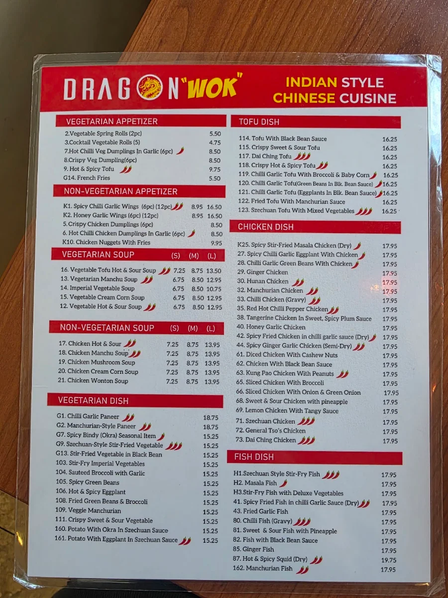 Menu, Dragon Wok | Indian-Style Chinese Cuisine