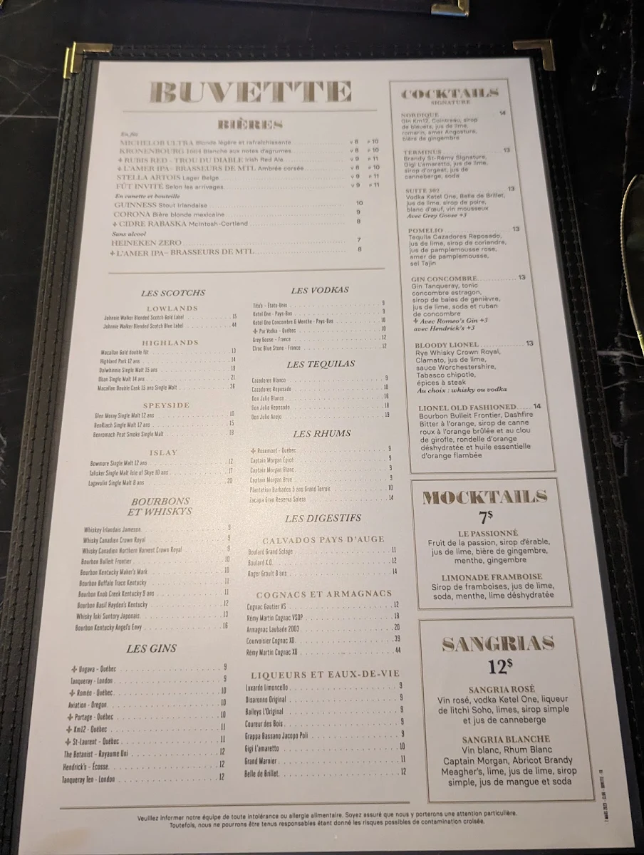 Menu, Chez Lionel - Brossard (Solar Uniquartier)