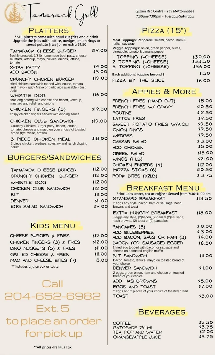 Menu, Tamarack Grill (Snack Bar)