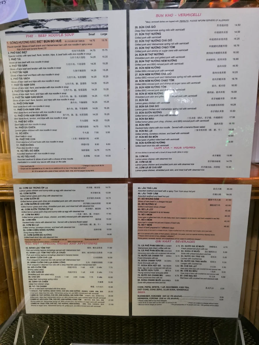 Menu, Song Huong Restaurant