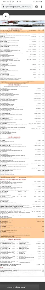 Menu, Song Huong Restaurant