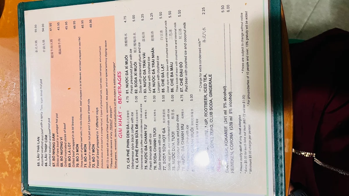 Menu, Song Huong Restaurant