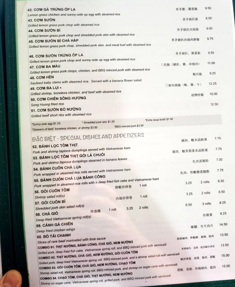 Menu, Song Huong Restaurant