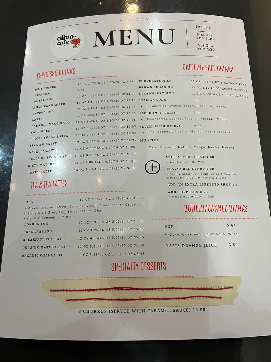 Menu, Olivo Cafe Surrey