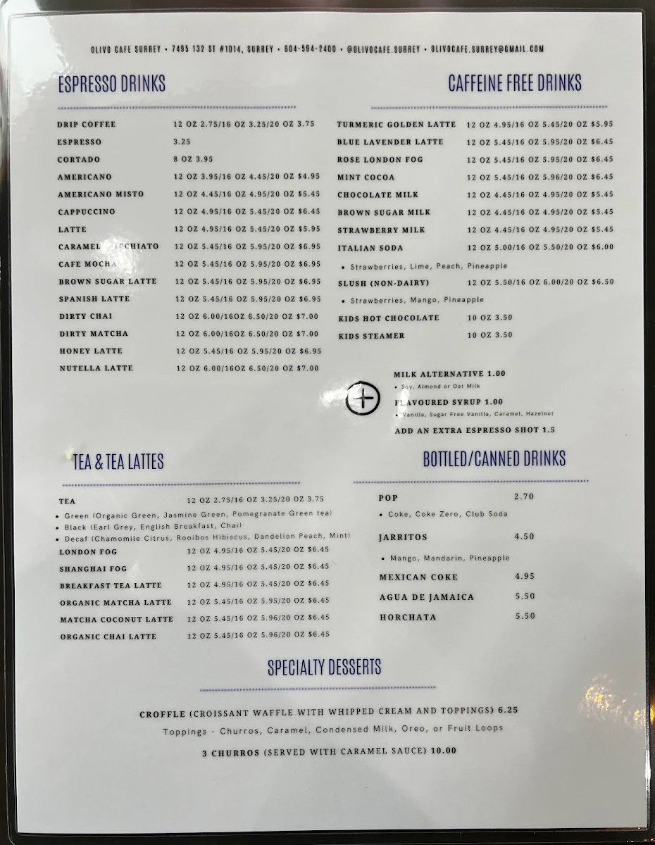 Menu, Olivo Cafe Surrey