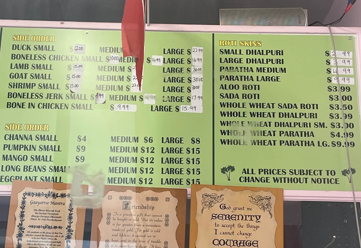 Menu, Danforth Roti Shop