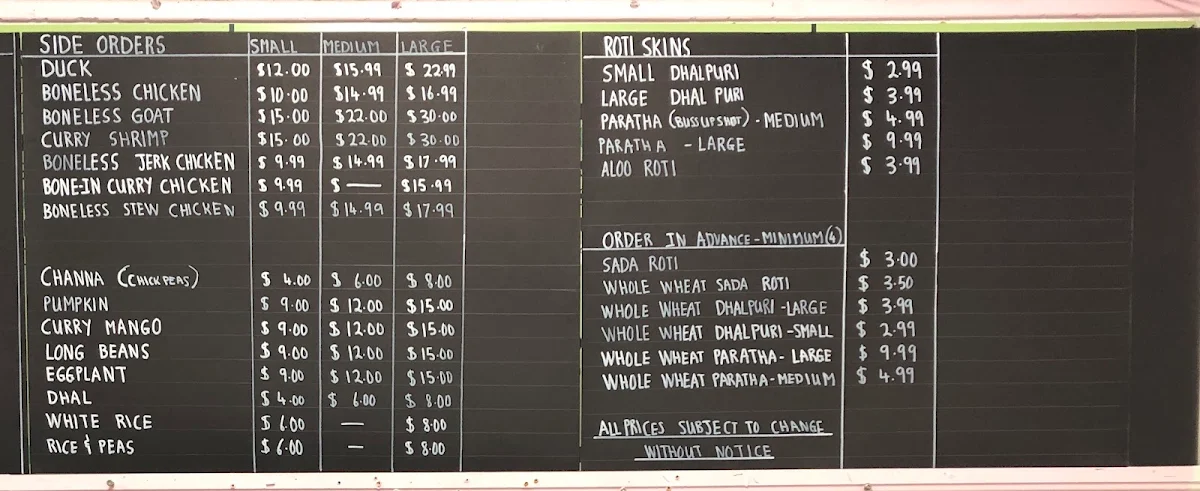 Menu, Danforth Roti Shop