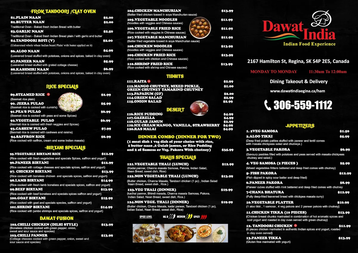 Menu, Dawat India Restaurant