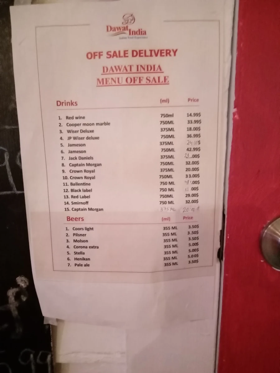 Menu, Dawat India Restaurant
