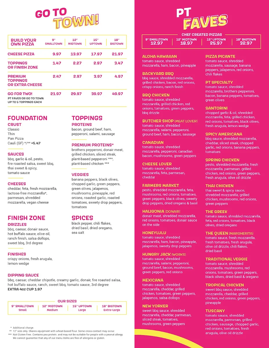 Menu, Pizzatown Tantallon