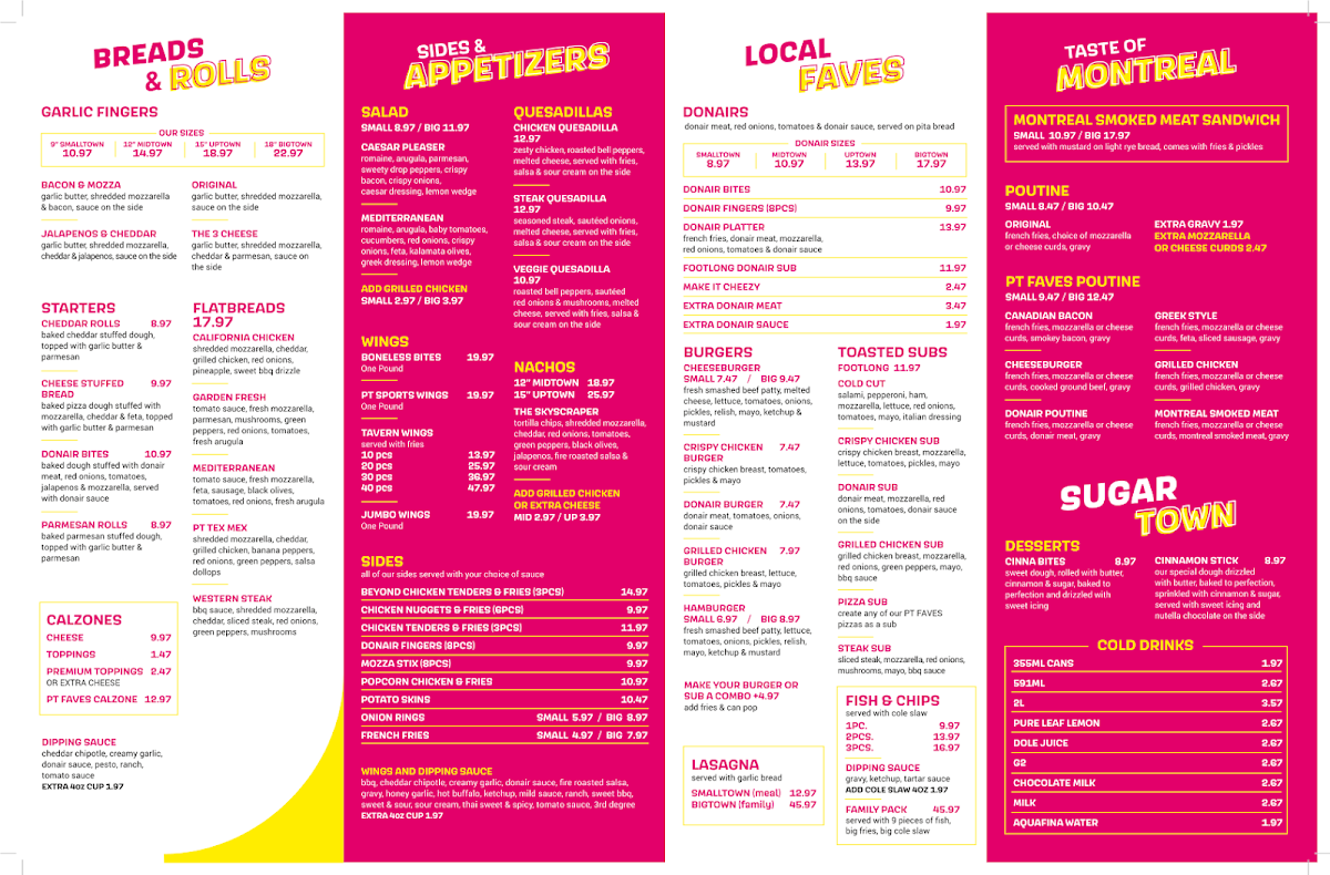 Menu, Pizzatown Tantallon
