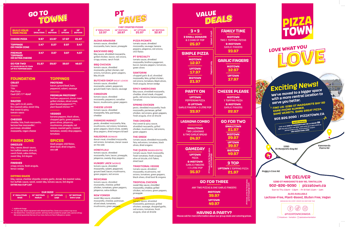 Menu, Pizzatown Tantallon