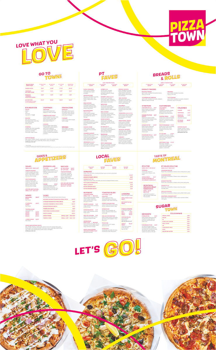 Menu, Pizzatown Tantallon