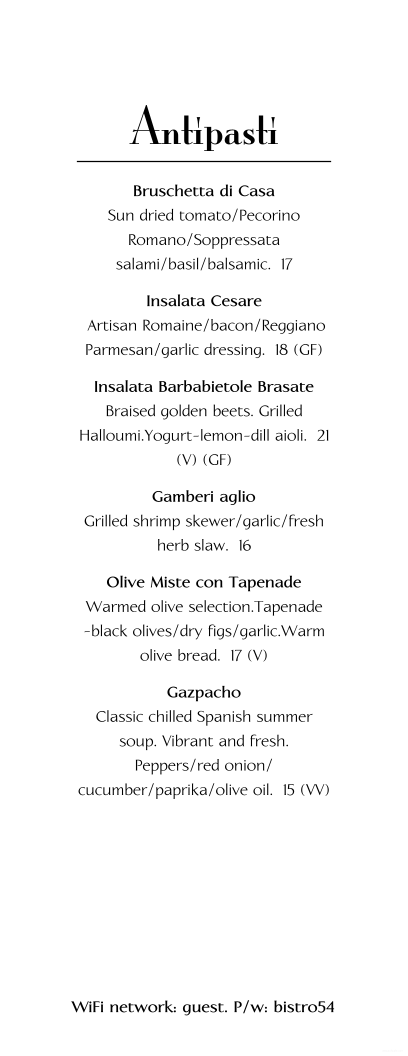 Menu, Bistro 54