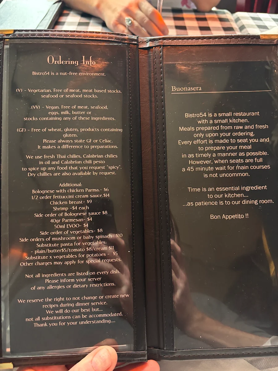 Menu, Bistro 54