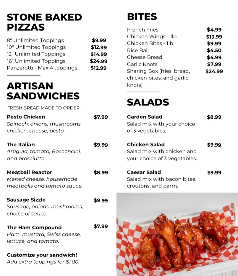 Menu, Pizza Lab