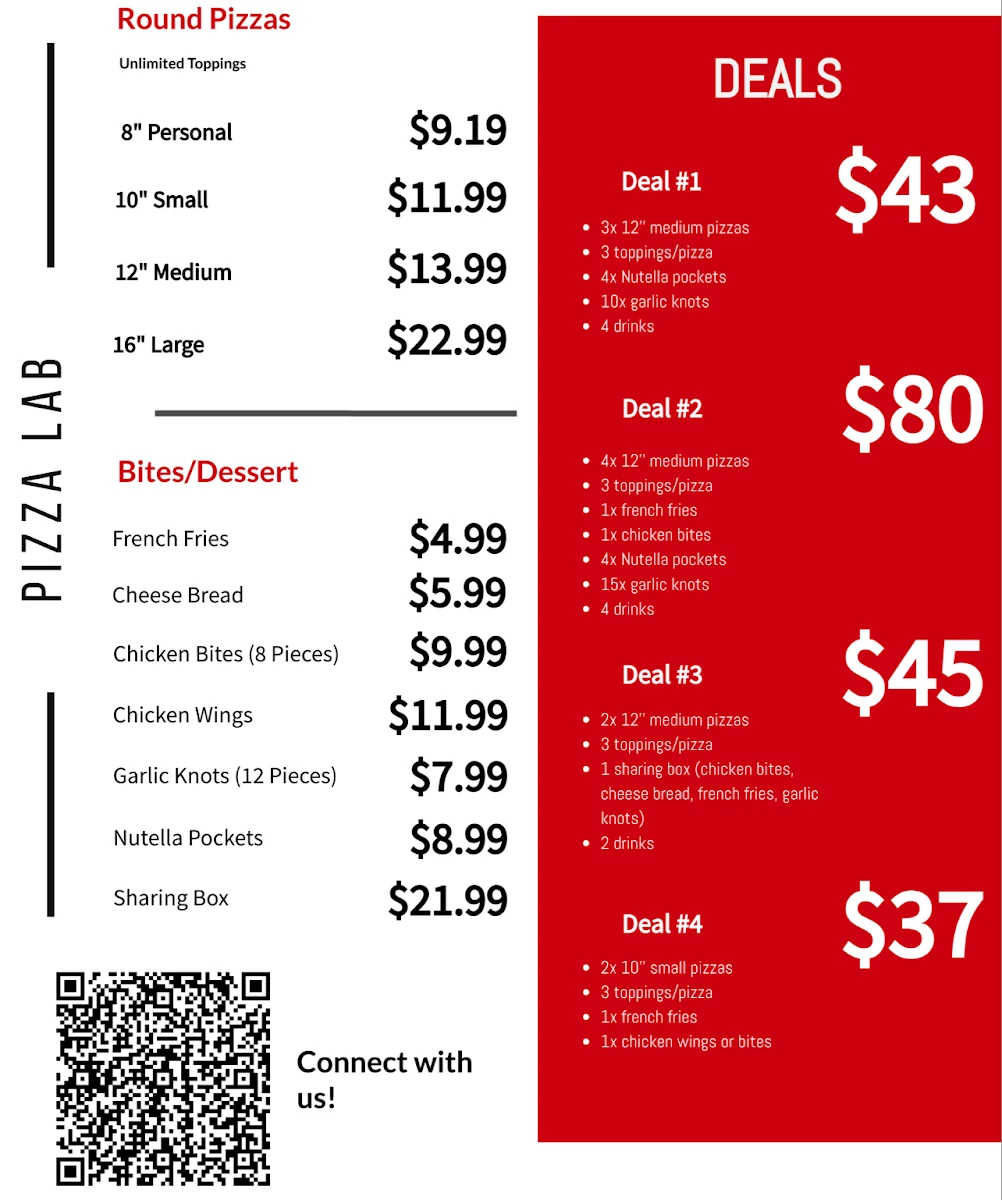 Menu, Pizza Lab