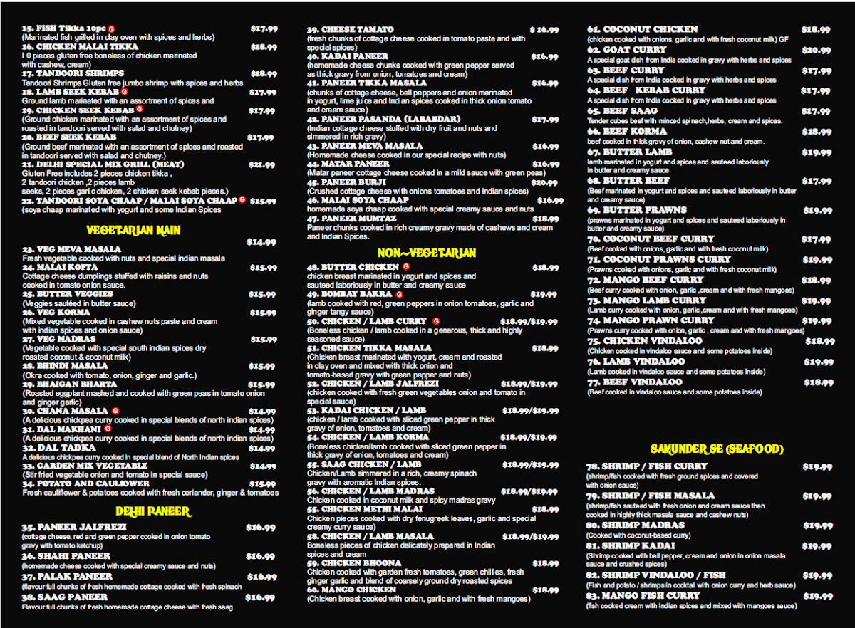 Menu, New Delhi Indian restaurant